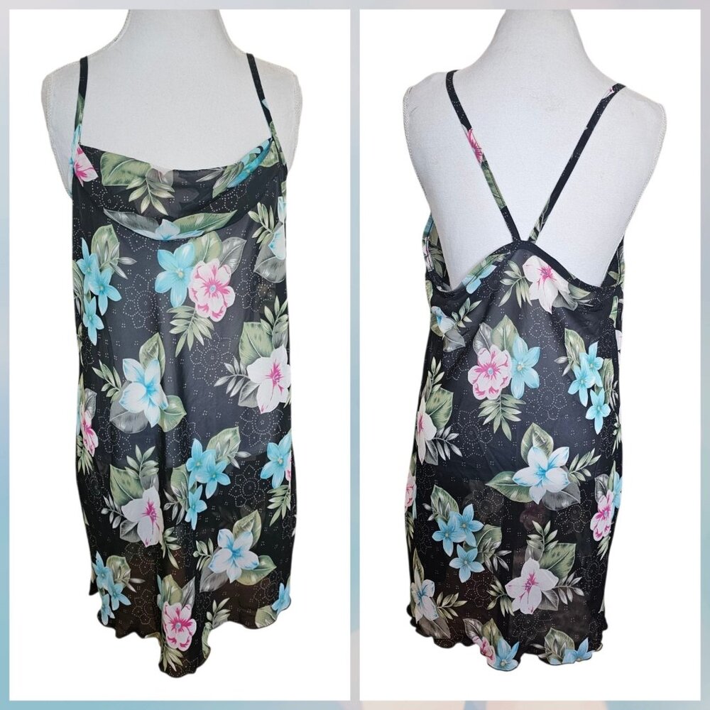VTG Sheer‎ Slip Dress Negligee Coverup Hawaiian Tropical Black Cowlneck Sz L